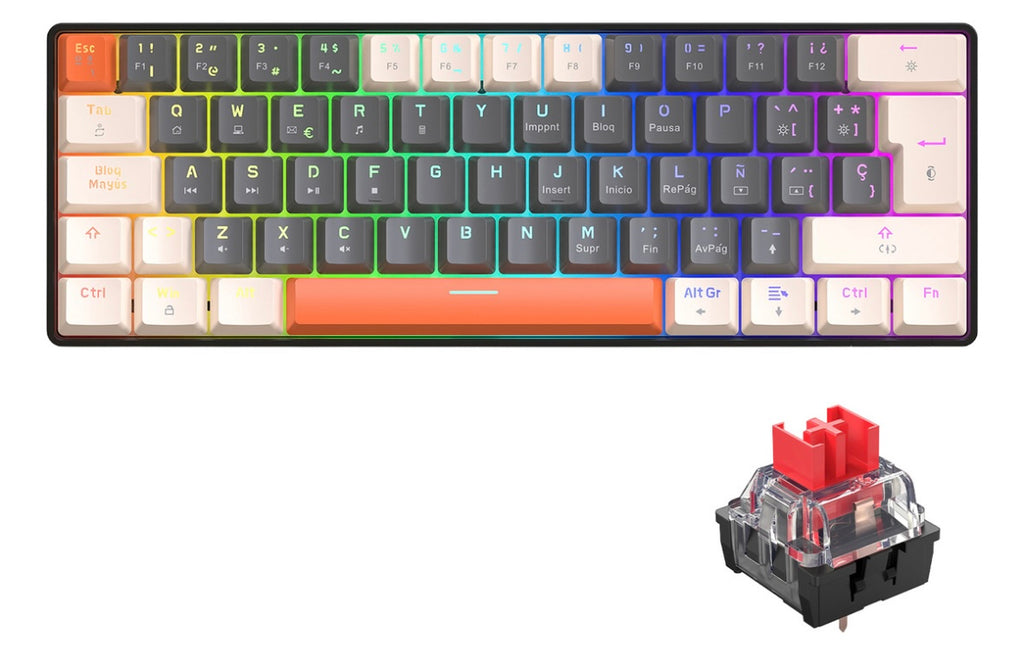 Free Wolf T60 60% Teclado Alámbrico mecánico Español, 62 Teclas Anti-ghosting, Retroiluminado Full-RGB, Teclado Programable de Hot Swap, Teclado Gamer Con Cable Conectado Tipo C, Eje Rojo