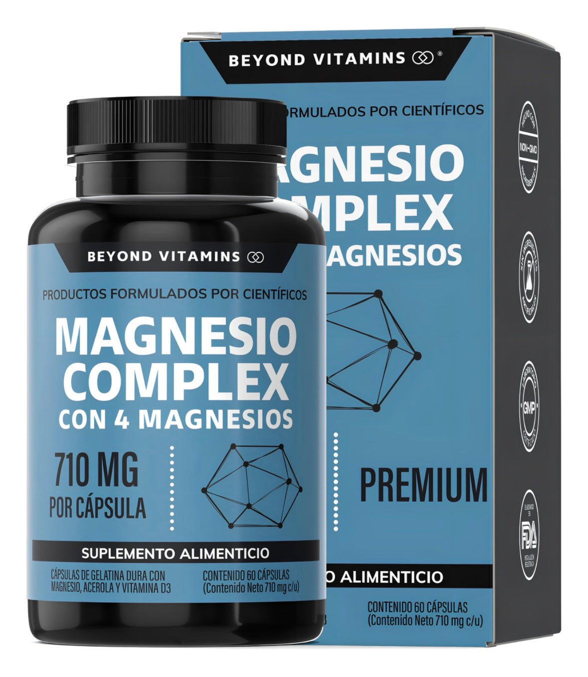 Beyond Vitamins | Magnesio Complex | Citrato de Magnesio polvo, Glicinato de Magnesio, Gluconato de Magnesio y Óxido de Magnesio | Vitaminas Mujer / Hombre - Magnesium - 60 cápsulas