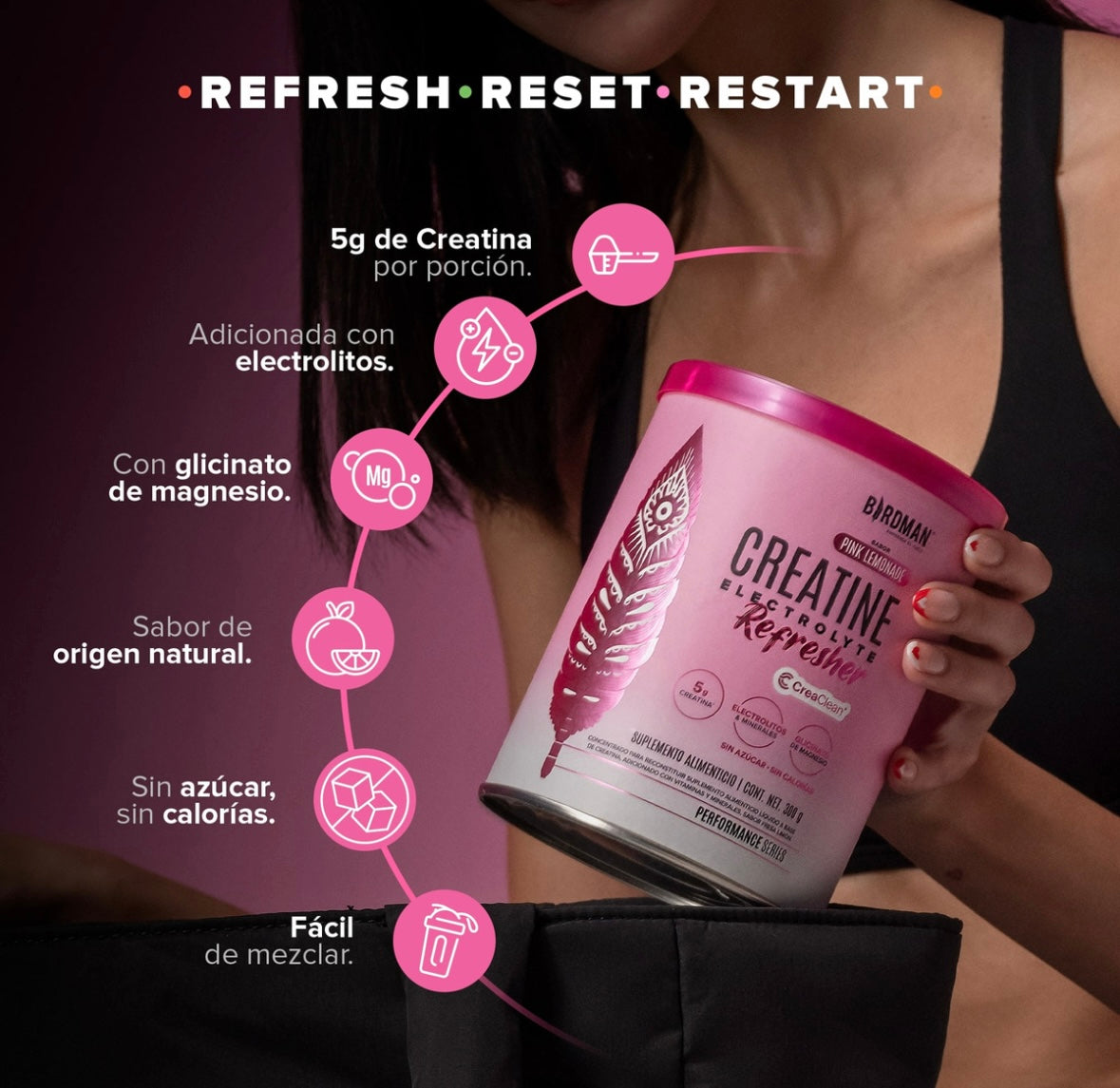 Birdman Creatine Refresher | Creatina Monohidratada con Electrolitos, Magnesio y Vitaminas | Pink Lemonade | 30 Porciones