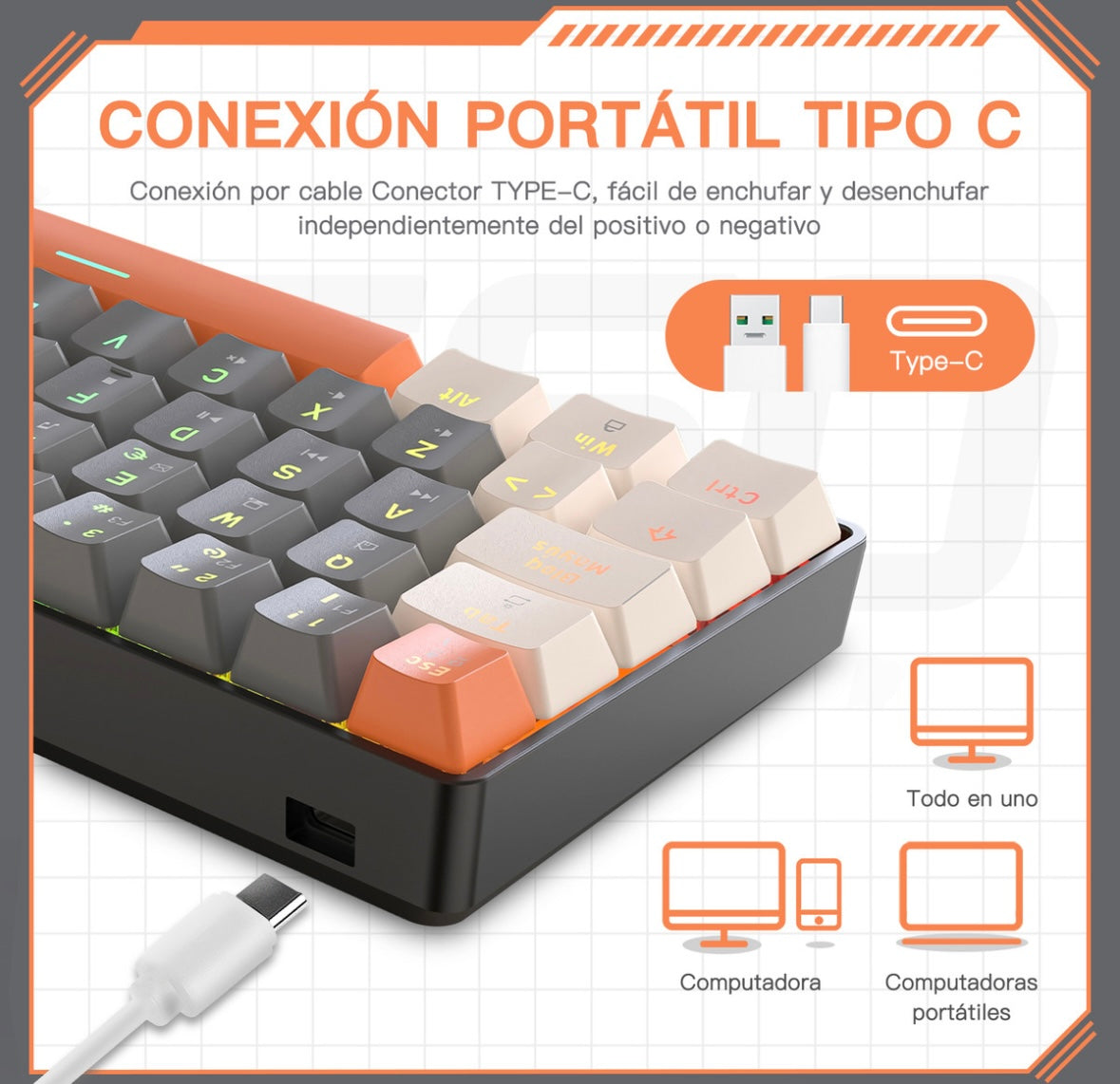 Free Wolf T60 60% Teclado Alámbrico mecánico Español, 62 Teclas Anti-ghosting, Retroiluminado Full-RGB, Teclado Programable de Hot Swap, Teclado Gamer Con Cable Conectado Tipo C, Eje Rojo