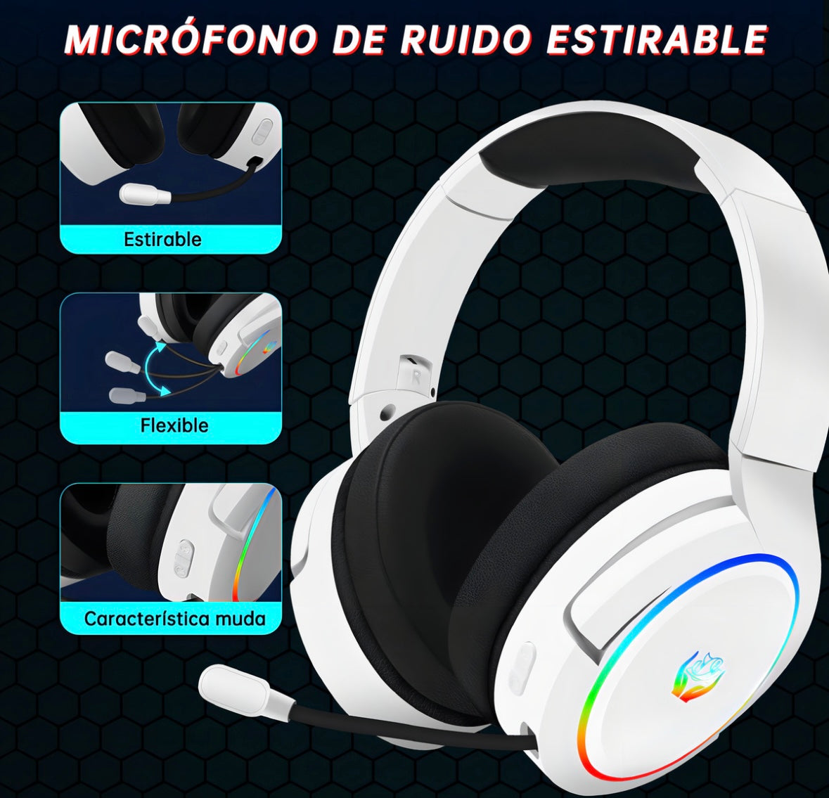 Auricular gamer inalámbrico Huo Ji X7 blanco con luz rgb LED