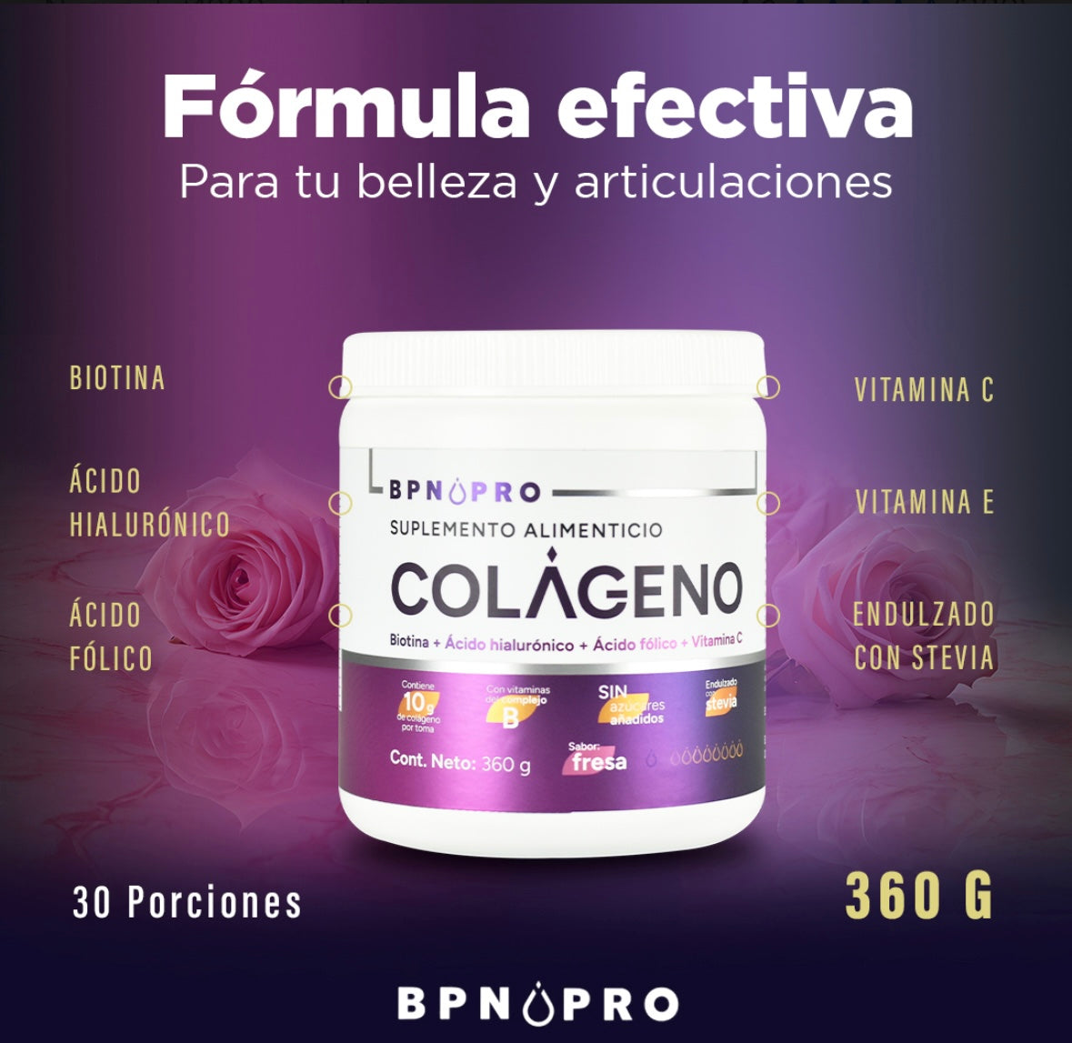 Colágeno Hidrolizado BPN PRO en Polvo con Ácido Hialurónico y Ácido Fólico, Sabor Fresa 360g Mejora tu Salud y Belleza, Fortalece Articulaciones, Piel Radiante, Suplemento Nutricional de Alta Calidad