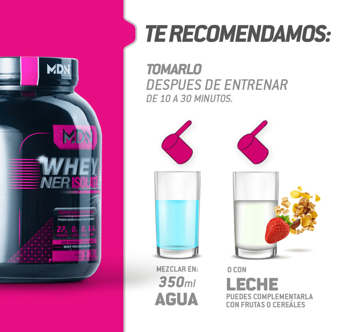 Proteína Aislada WheyNer Isolate 1.36kg Sabor Fresa, 27g de proteina, MDN Sports, 45 porciones, SIN CARBOHIDRATOS y grasa.