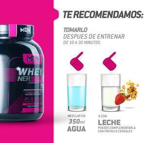 Proteína Aislada WheyNer Isolate 1.36kg Sabor Fresa, 27g de proteina, MDN Sports, 45 porciones, SIN CARBOHIDRATOS y grasa.