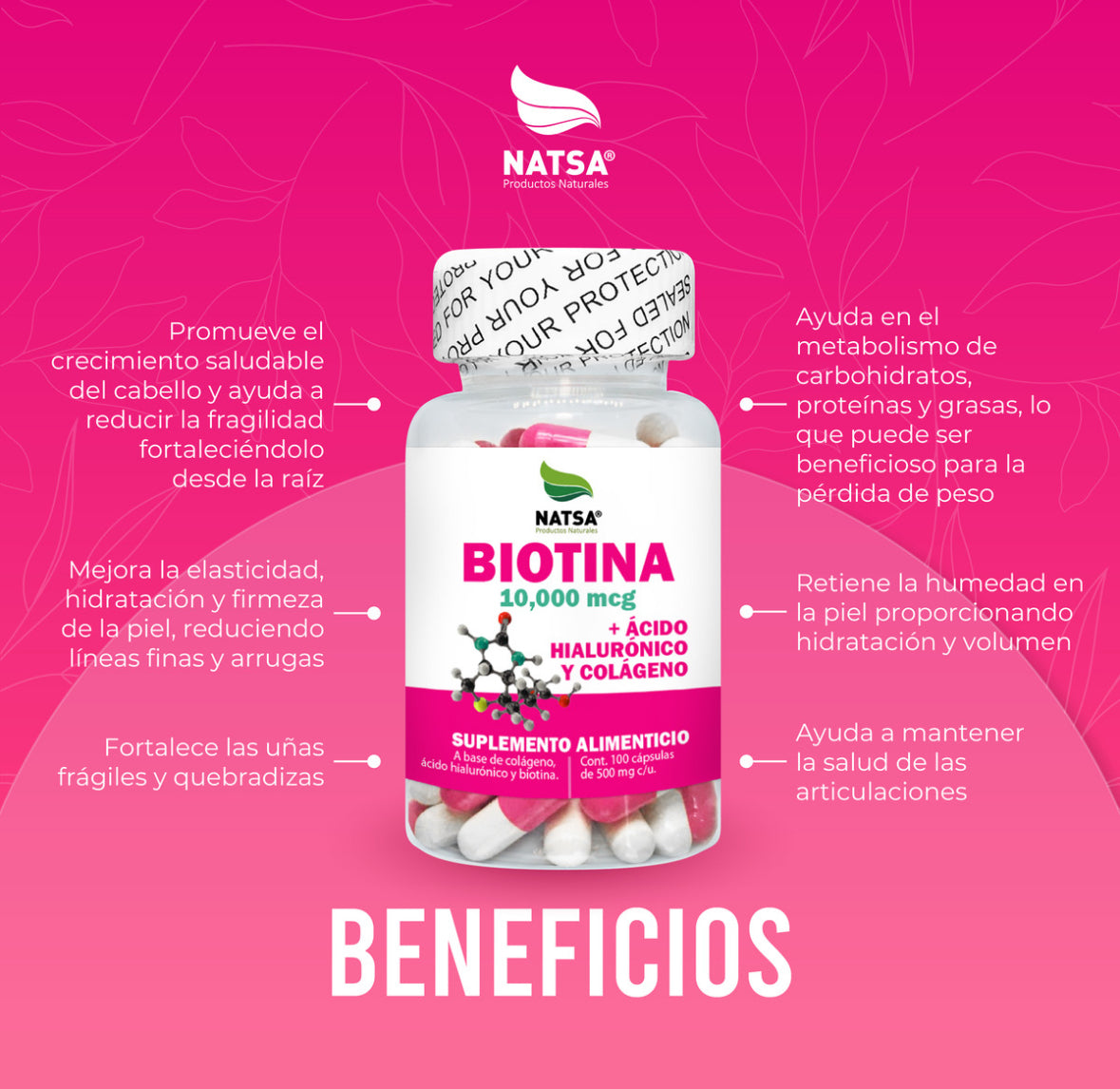 Biotina 10,000 Mcg Con Acido Hialuronico Y Colageno 100 Caps, para Hombres y Mujeres, Fortalece y Crece Cabello, Piel y Uñas