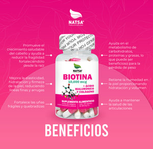 Biotina 10,000 Mcg Con Acido Hialuronico Y Colageno 100 Caps, para Hombres y Mujeres, Fortalece y Crece Cabello, Piel y Uñas