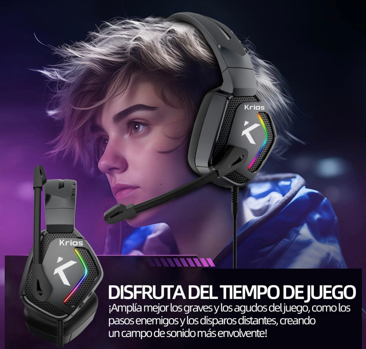 Audífonos Gamer Krios K12 Diadema Con Microfono Led Rgb Para Xbox Pc Ps4 Color Negro