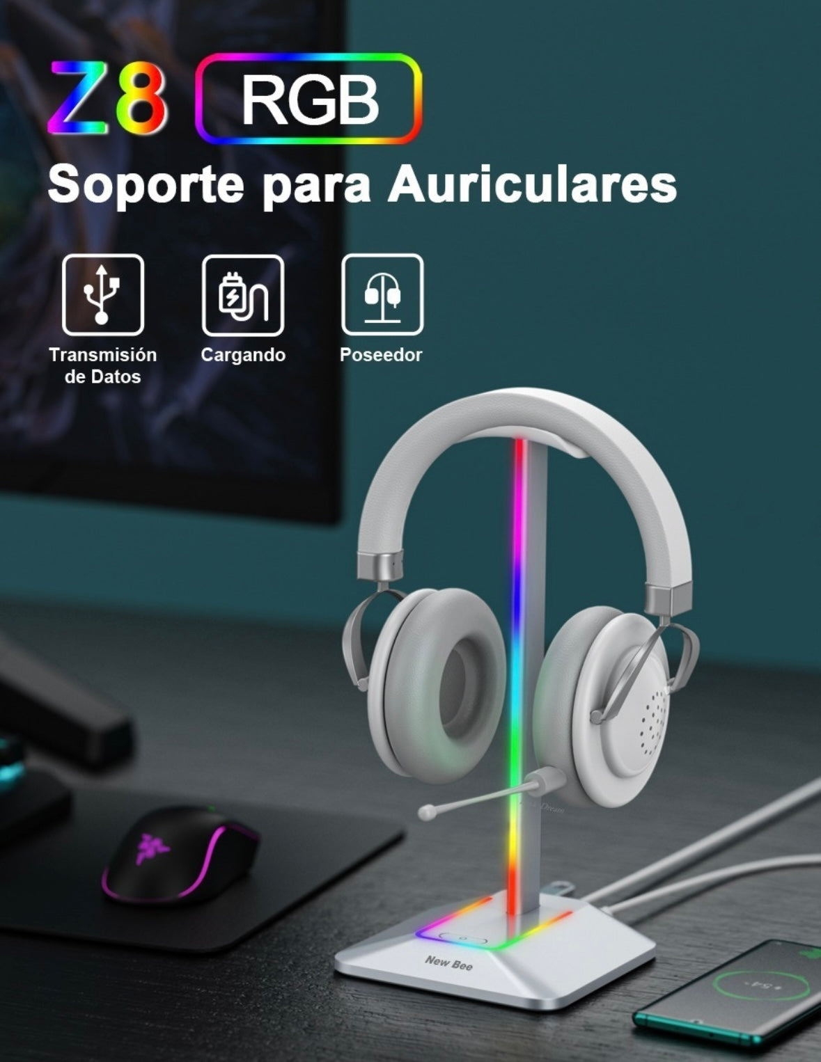 Base Soporte De Audífonos  New Bee Con Luz Led Rgb Usb, color plateado