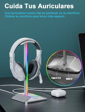 Base Soporte De Audífonos  New Bee Con Luz Led Rgb Usb, color plateado