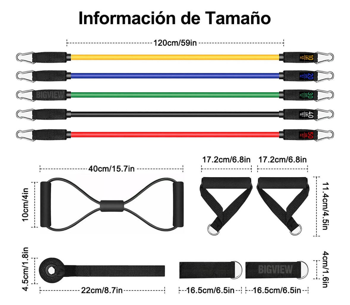 150lbs Kit De Bandas De Resistencia Ligas Para Ejercicio 12pzs Ejercicios En Casa Bigview TPE-R150