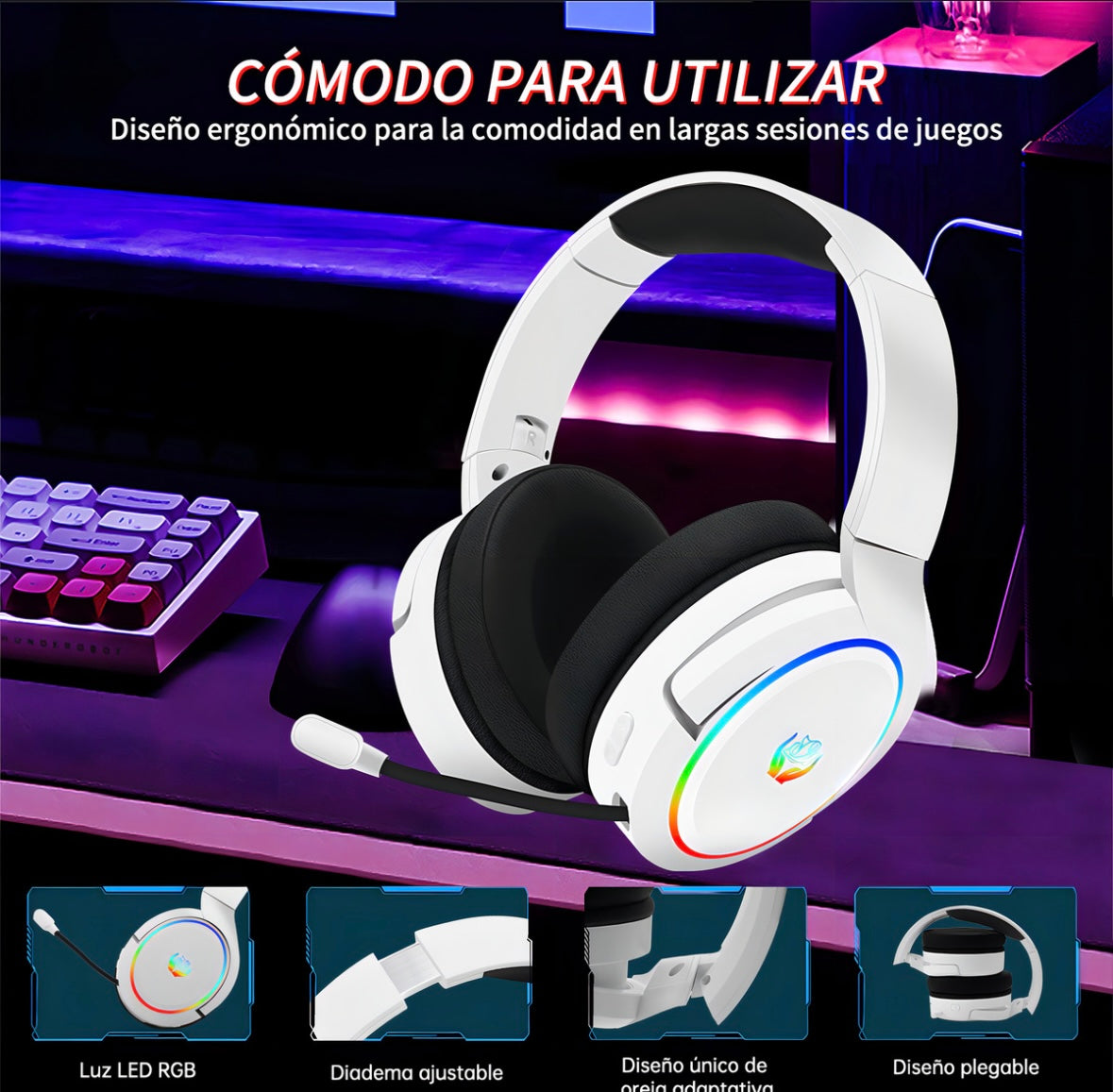 Auricular gamer inalámbrico Huo Ji X7 blanco con luz rgb LED