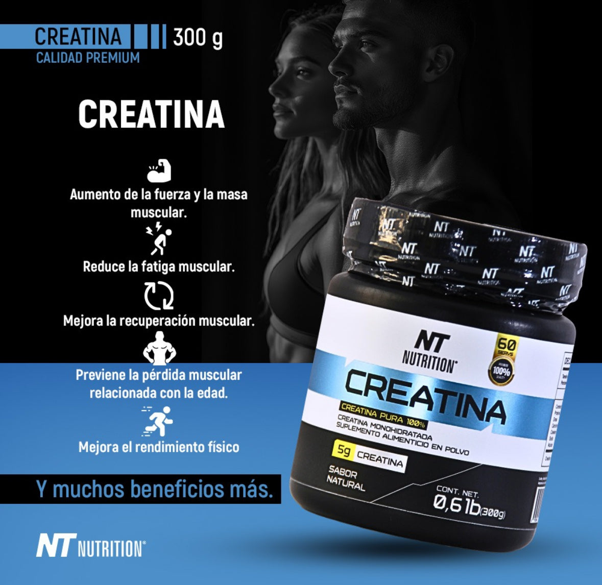 Creatina Monohidratada Premium 300g Nt Nutrition 60 Servs Sabor Sin sabor