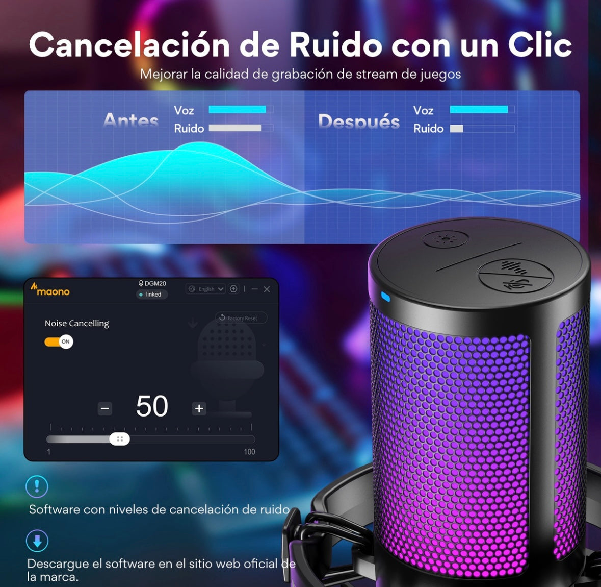 Maono Micrófono Pc para Gamer Micrófono Usb RGB con Cancelación de Ruido Silencio Ganancia y Monitoreo para Streaming Podcast Youtube Celular y PS5 PS4 DGM20 Negro