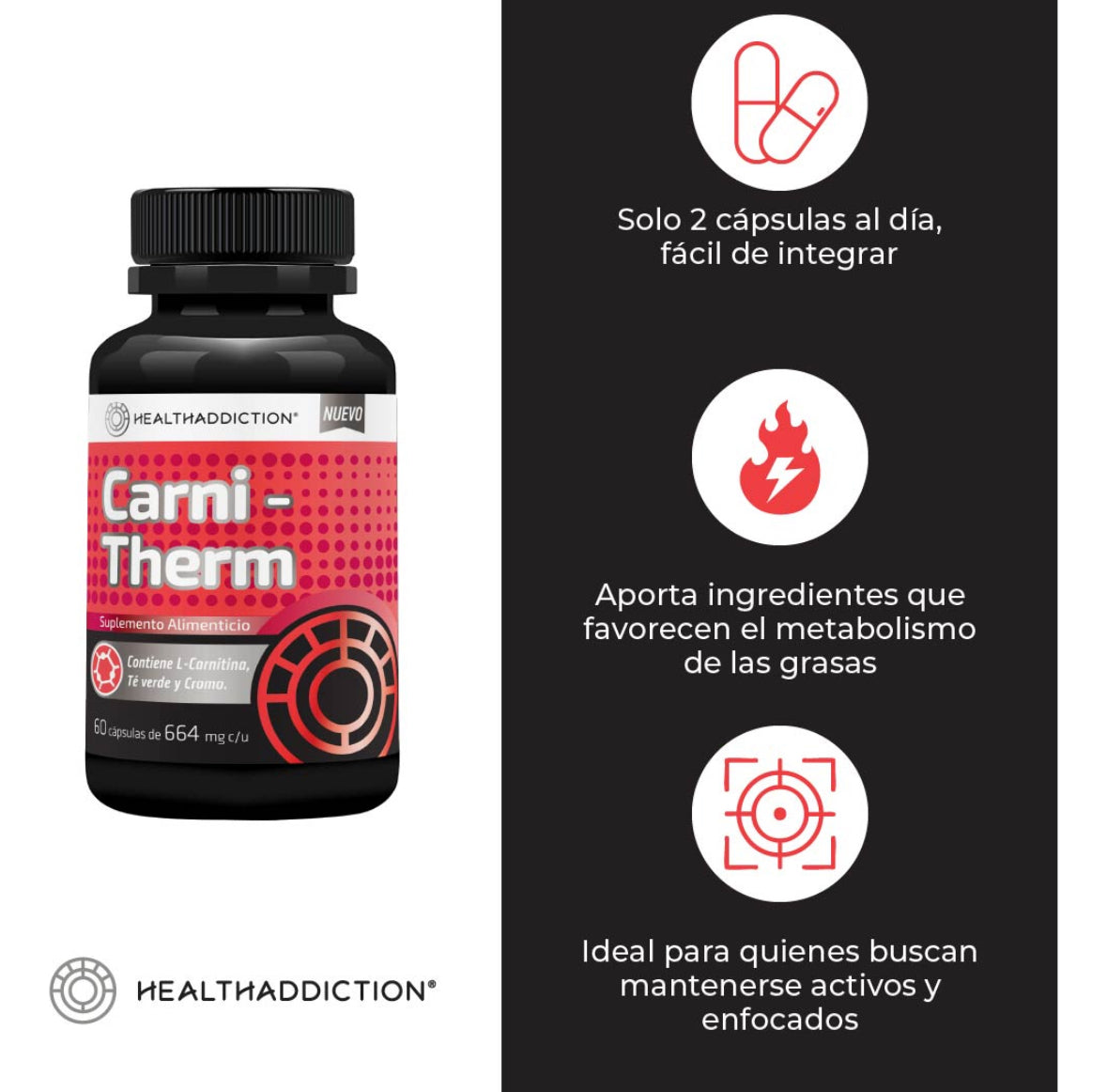 HEALTHADDICTION - Carnitherm – Suplemento Alimenticio Termogénico con L-Carnitina, Té Verde y Cromo – Optimizar el Rendimiento Deportivo y Apoyo Metabólico – 60 Cápsulas