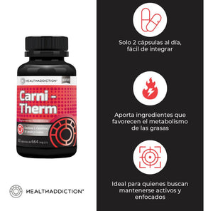 HEALTHADDICTION - Carnitherm – Suplemento Alimenticio Termogénico con L-Carnitina, Té Verde y Cromo – Optimizar el Rendimiento Deportivo y Apoyo Metabólico – 60 Cápsulas