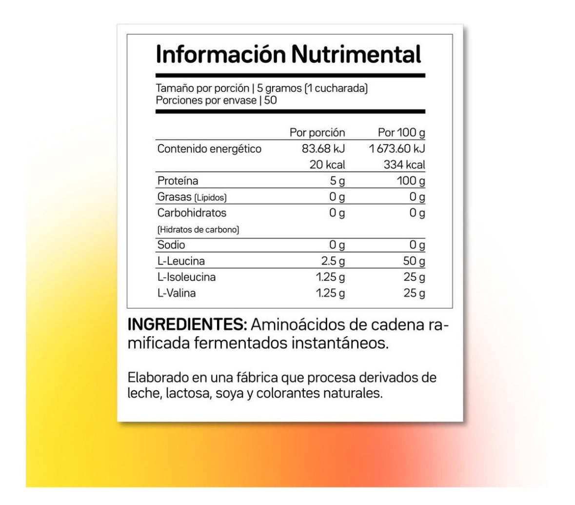 Aminoácidos PURE BCAA Powder Vegetal, Fermentado, Instantáneo Primetech 50 serv sin sabor y sin nada agregado, sólo 2.5 g de L-Leucina, 1.25 de L-Isoleucina y 1.25 de L-Valina por porción