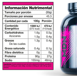 Proteína Aislada WheyNer Isolate 1.36kg Sabor Fresa, 27g de proteina, MDN Sports, 45 porciones, SIN CARBOHIDRATOS y grasa.