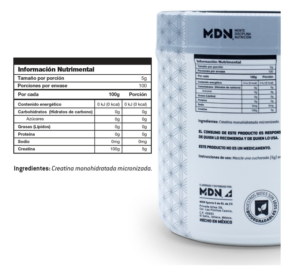 Creatina Monohidratada 100% Pura 500g MDN Sports 100 servicios Sin rellenos, Sin Sabor.