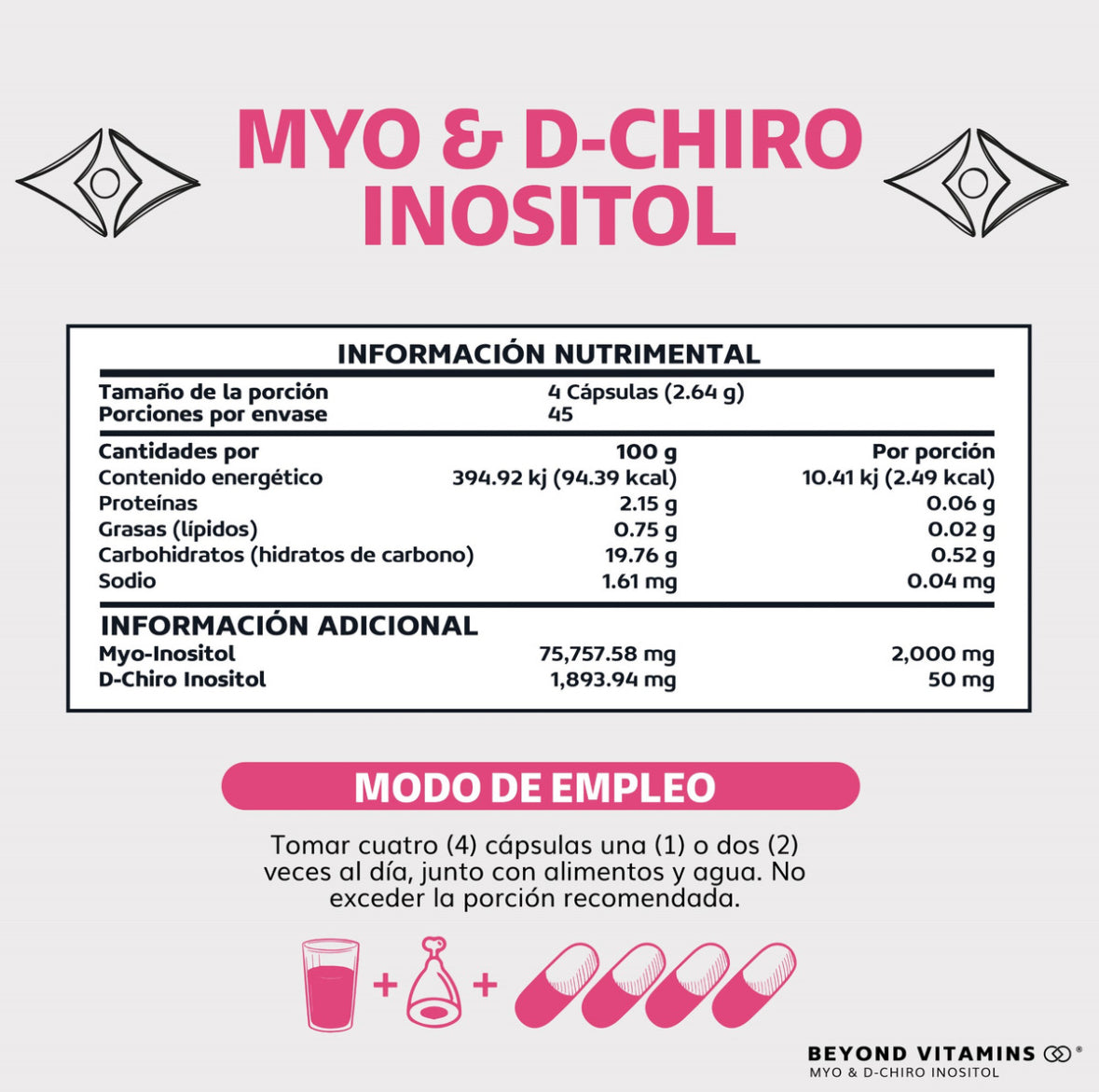 Inositol Capsulas 40:1 | Myo Y D-chiro Inositol 100% Puro Premium En Cápsulas Beyond Vitamins | Sin Sabor | Myo Inositol - Myo Y D-chiro Inositol Vegano | Vitaminas Mujer - 180 capsulas