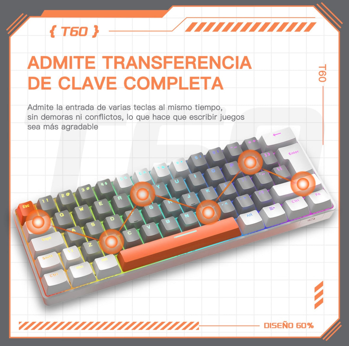 Free Wolf T60 60% Teclado Alámbrico mecánico Español, 62 Teclas Anti-ghosting, Retroiluminado Full-RGB, Teclado Programable de Hot Swap, Teclado Gamer Con Cable Conectado Tipo C, Eje Rojo