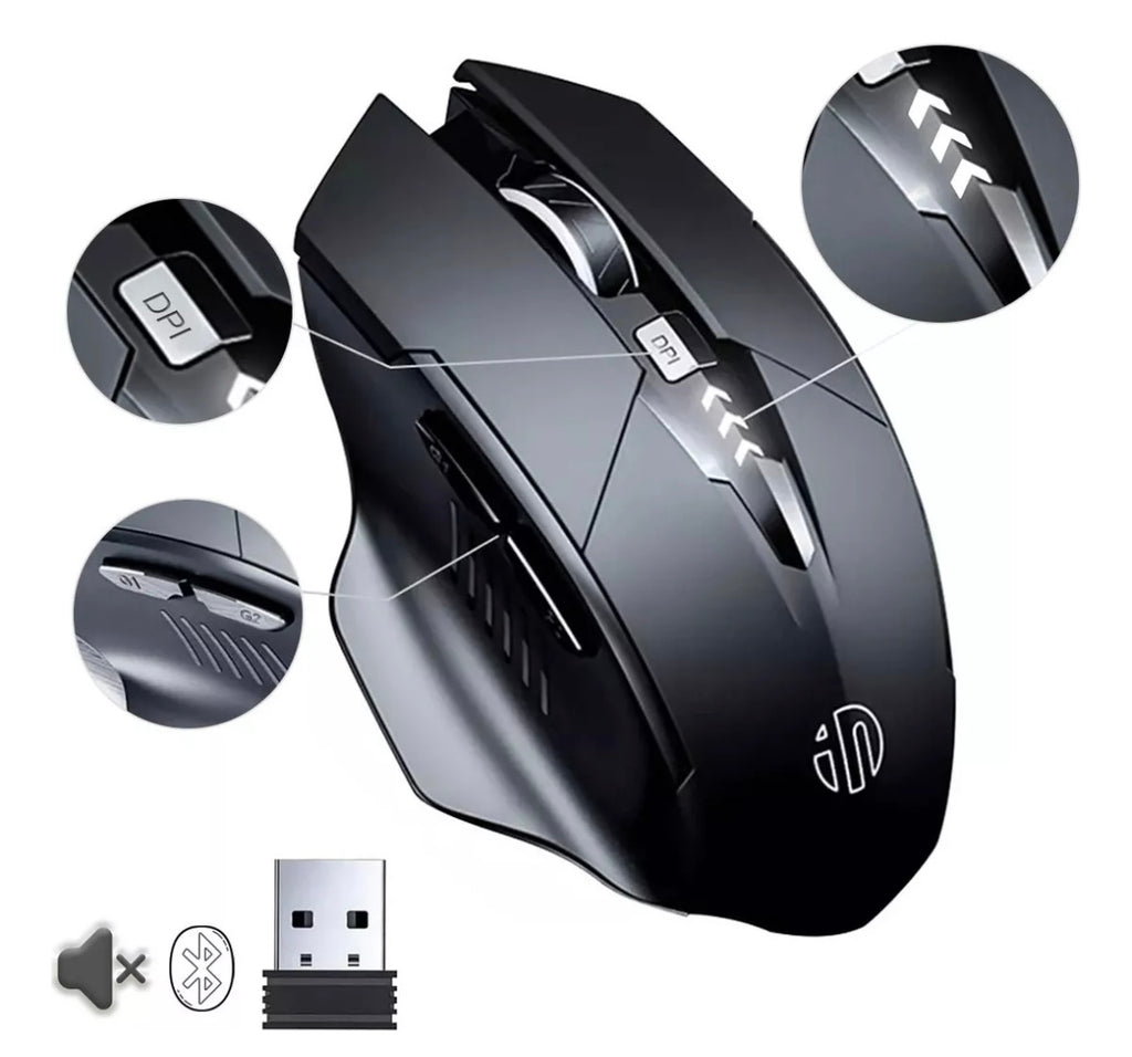 Inphic Mouse Inalámbrico Bluetooth/2.4g 3Modos Recargable Gamer Ergonomico Con Receptor USB Silencioso De Oficina 3 DPI Ajustables Ratón Para Computadora/portátil/tablet Color Negro