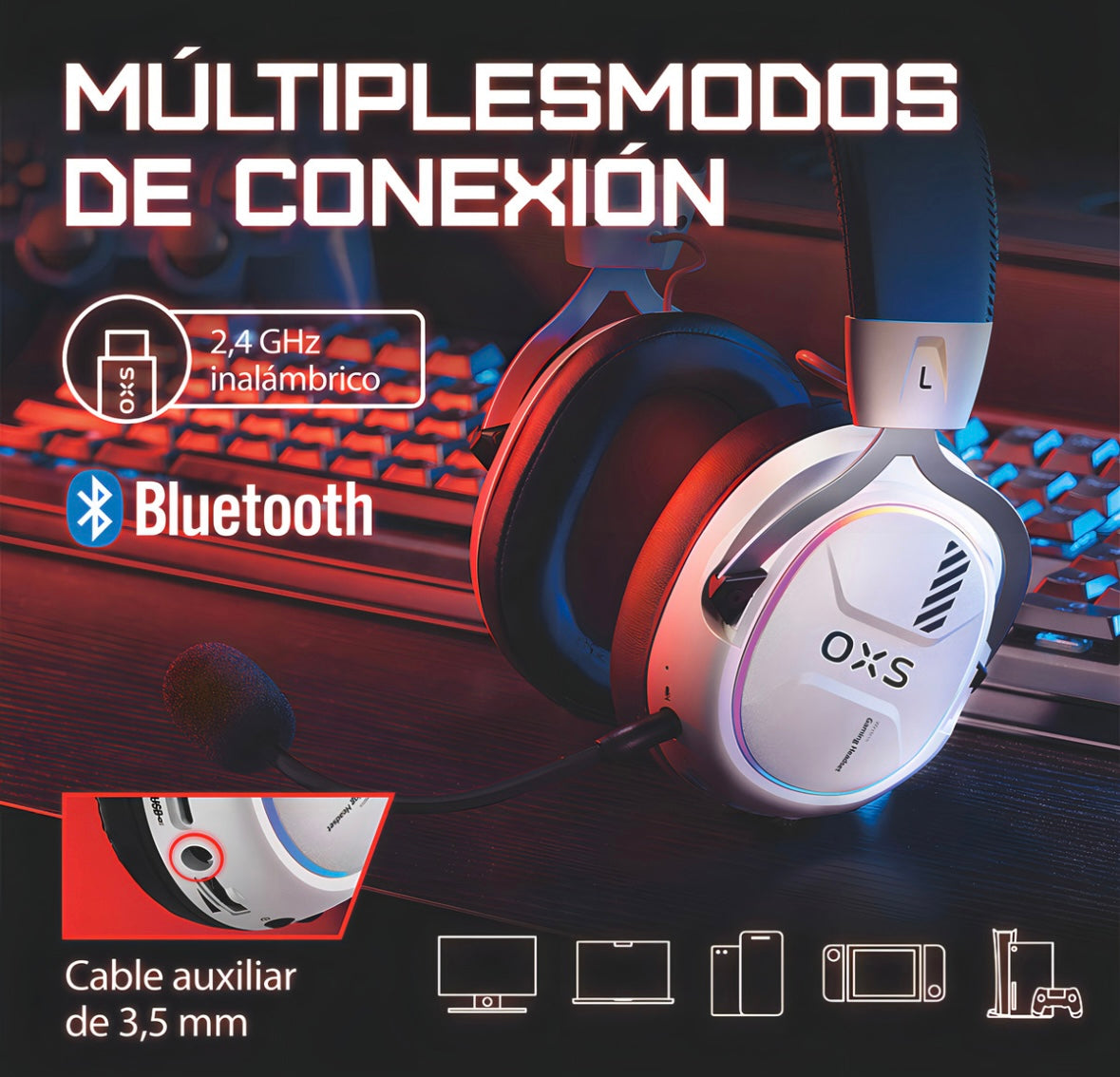 Audífonos Gamer Para Inalámbricos Diademas con Micrófono De Cancelación De Ruido Sonido Envolvente Virtual 7.1, 2.4g De Baja Latencia Con Conector Usb Y Type-c, Bluetooth 5.3 Para Pc Oxs G2 Blanco