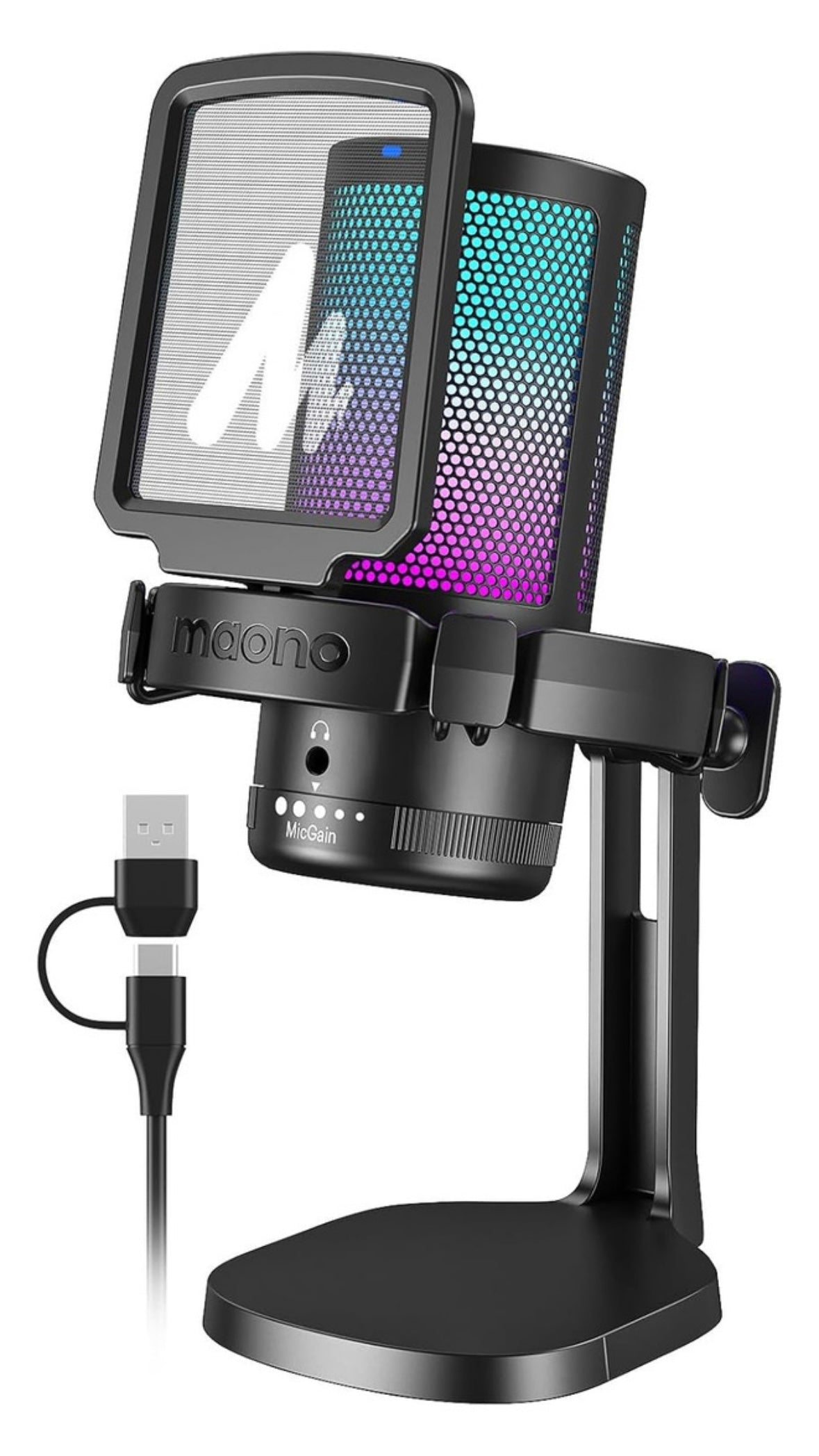 Maono Micrófono Pc para Gamer Micrófono Usb RGB con Cancelación de Ruido Silencio Ganancia y Monitoreo para Streaming Podcast Youtube Celular y PS5 PS4 DGM20 Negro