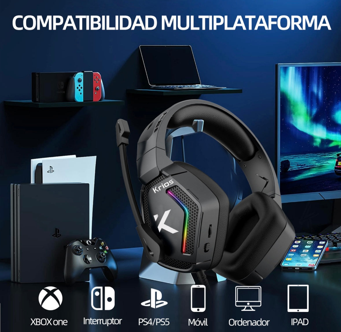 Audífonos Gamer Krios K12 Diadema Con Microfono Led Rgb Para Xbox Pc Ps4 Color Negro