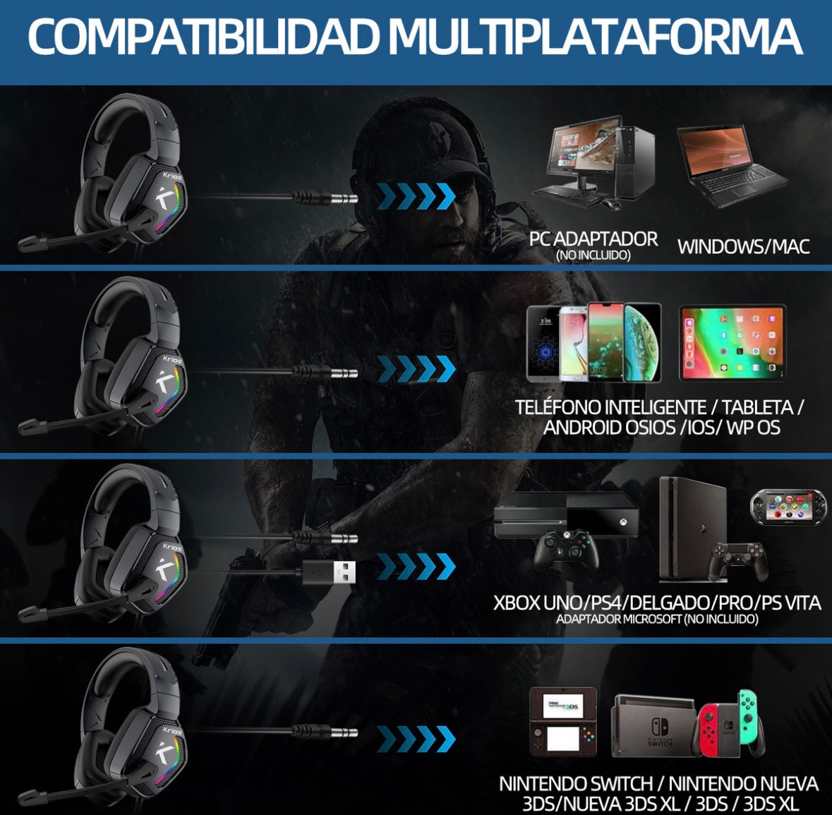 Audífonos Gamer Krios K12 Diadema Con Microfono Led Rgb Para Xbox Pc Ps4 Color Negro