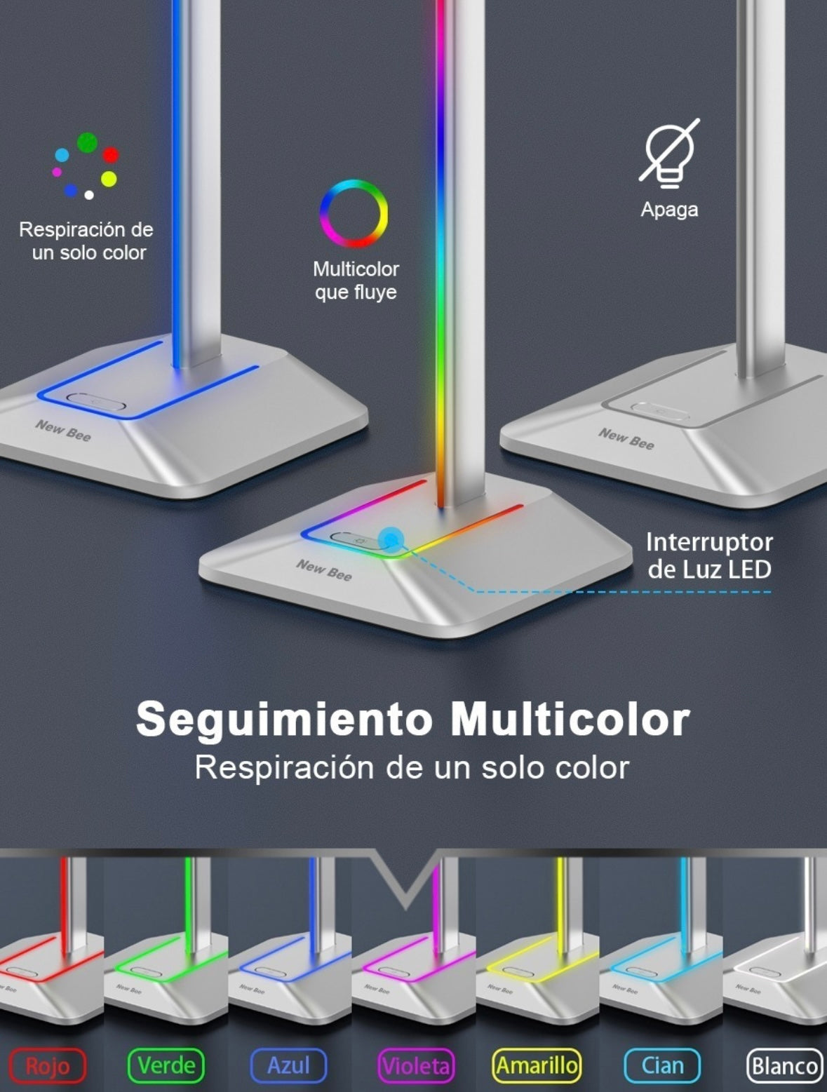 Base Soporte De Audífonos  New Bee Con Luz Led Rgb Usb, color plateado