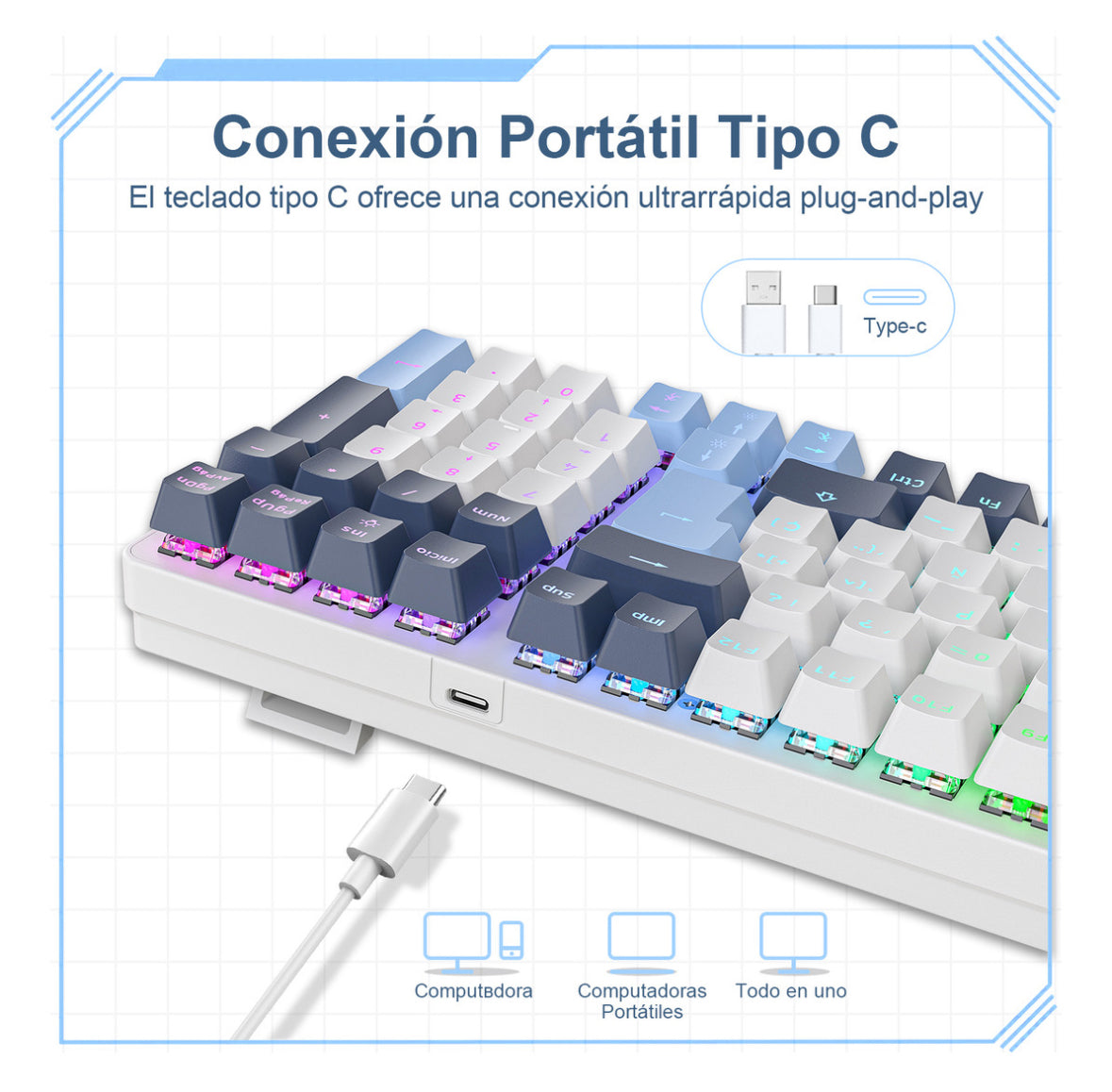 Free Wolf K3 Teclado Mecánico, 100 Teclas Teclado Mecánico para Juegos, QWERTY Teclado Cableado, Español Teclado Azul/blanco, Múltiples Efectos RGB de Luz, Teclas Personalizadas（Eje Rojo）