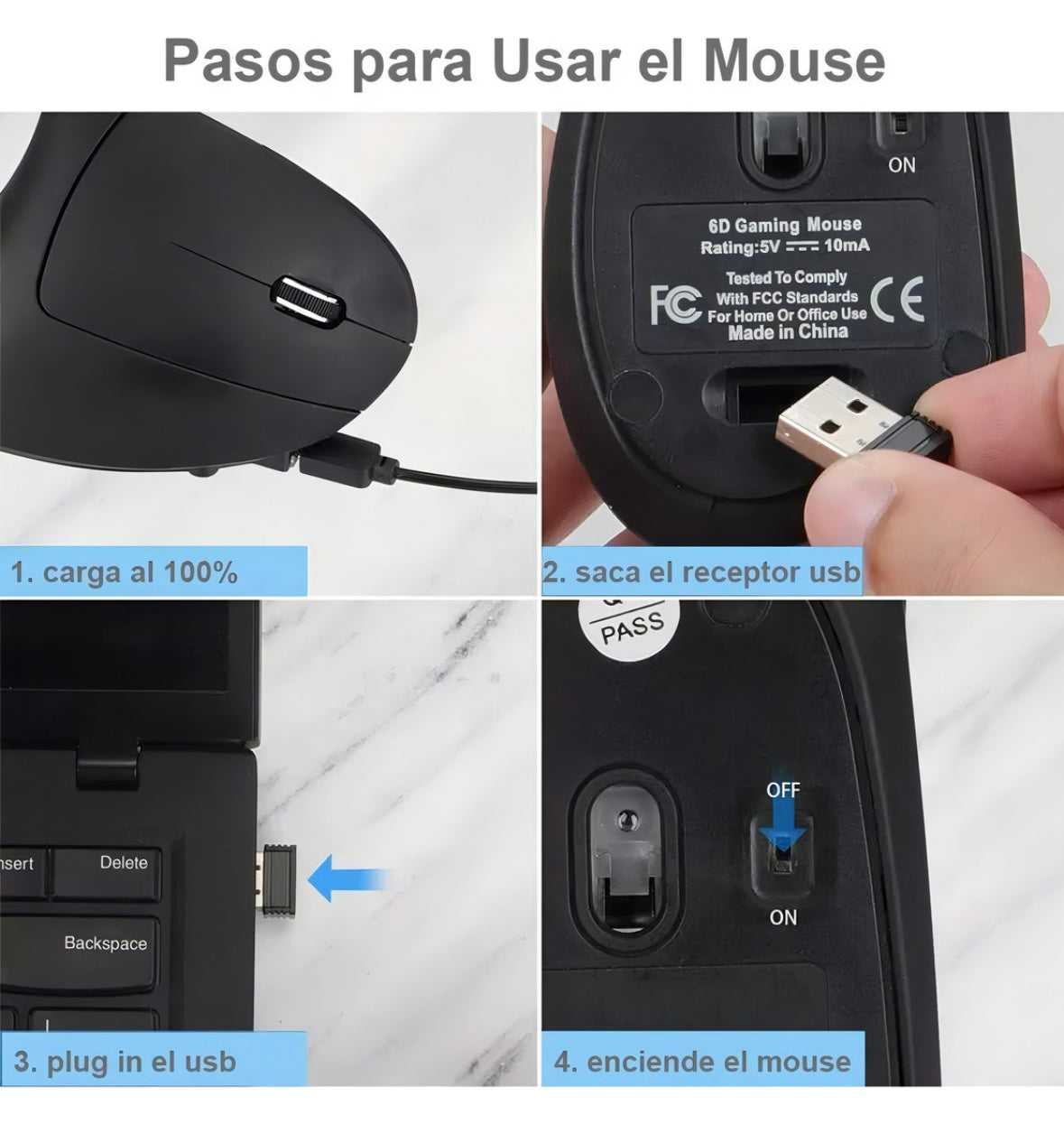MOYAC Ratón vertical inalámbrico ergonómico recargable 2,4 g negro