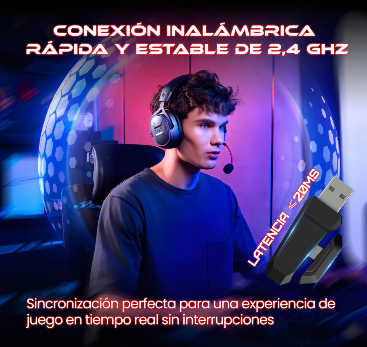 Audífonos Gamer Para Inalámbricos Diademas con Micrófono De Cancelación De Ruido Sonido Envolvente Virtual 7.1, 2.4g De Baja Latencia Con Conector Usb Y Type-c, Bluetooth 5.3 Para Pc Oxs G2 Negro