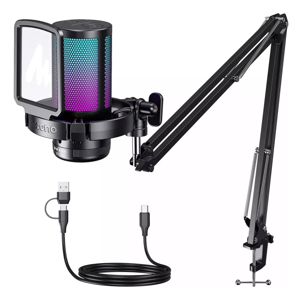 MAONO Micrófono PC Gamer Micrófono USB Condensador con Cancelación de Ruido Silencio Ganancia Monitoreo para Streaming Podcast Celular Computadora DGM20S Negro