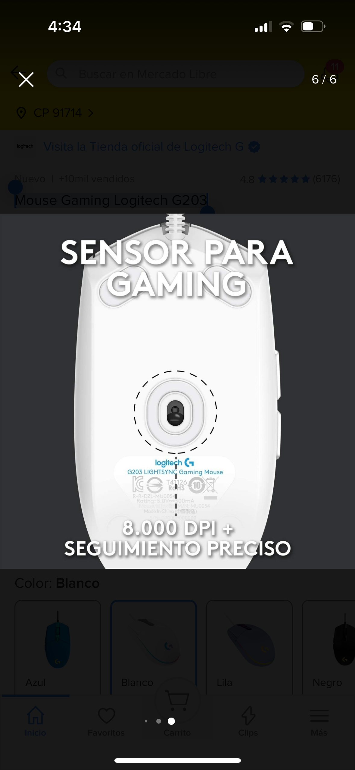 Mouse Gaming Logitech G203, color blanco